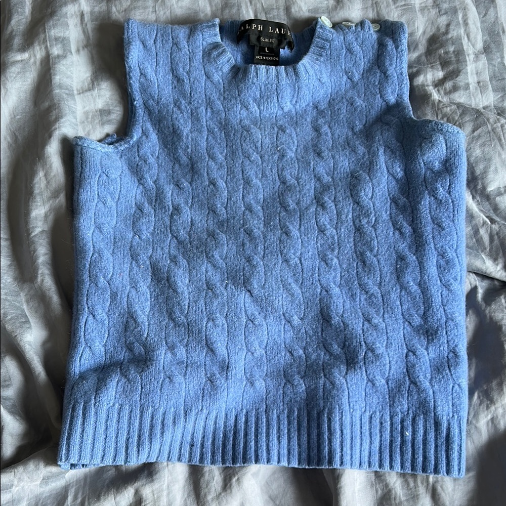 Ralph Lauren Light Blue Cable Knit Vest 100% cashmere